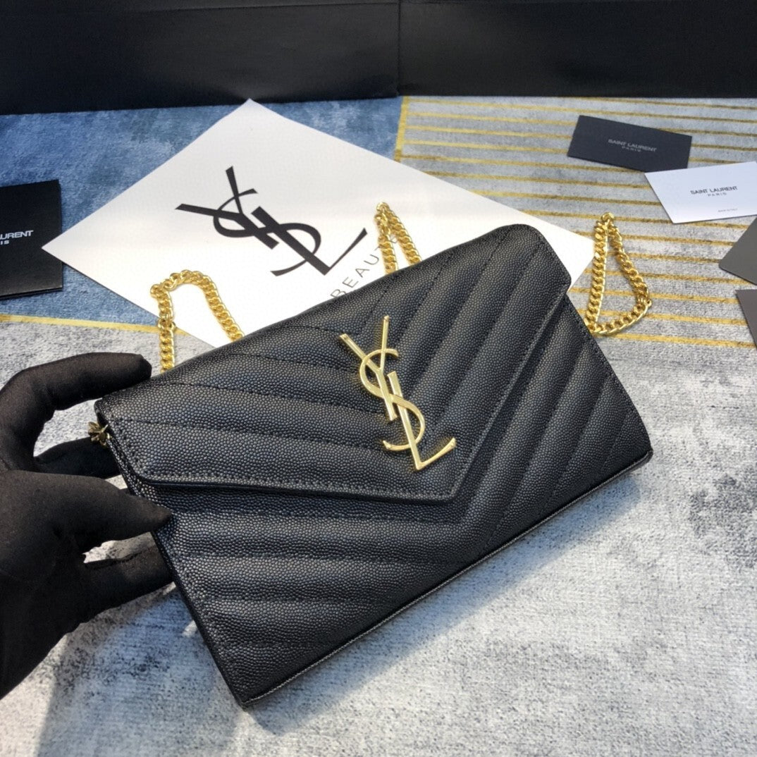 Bolsa Tiracolo Feminina Saint Laurent – Preta com Corrente Dourada