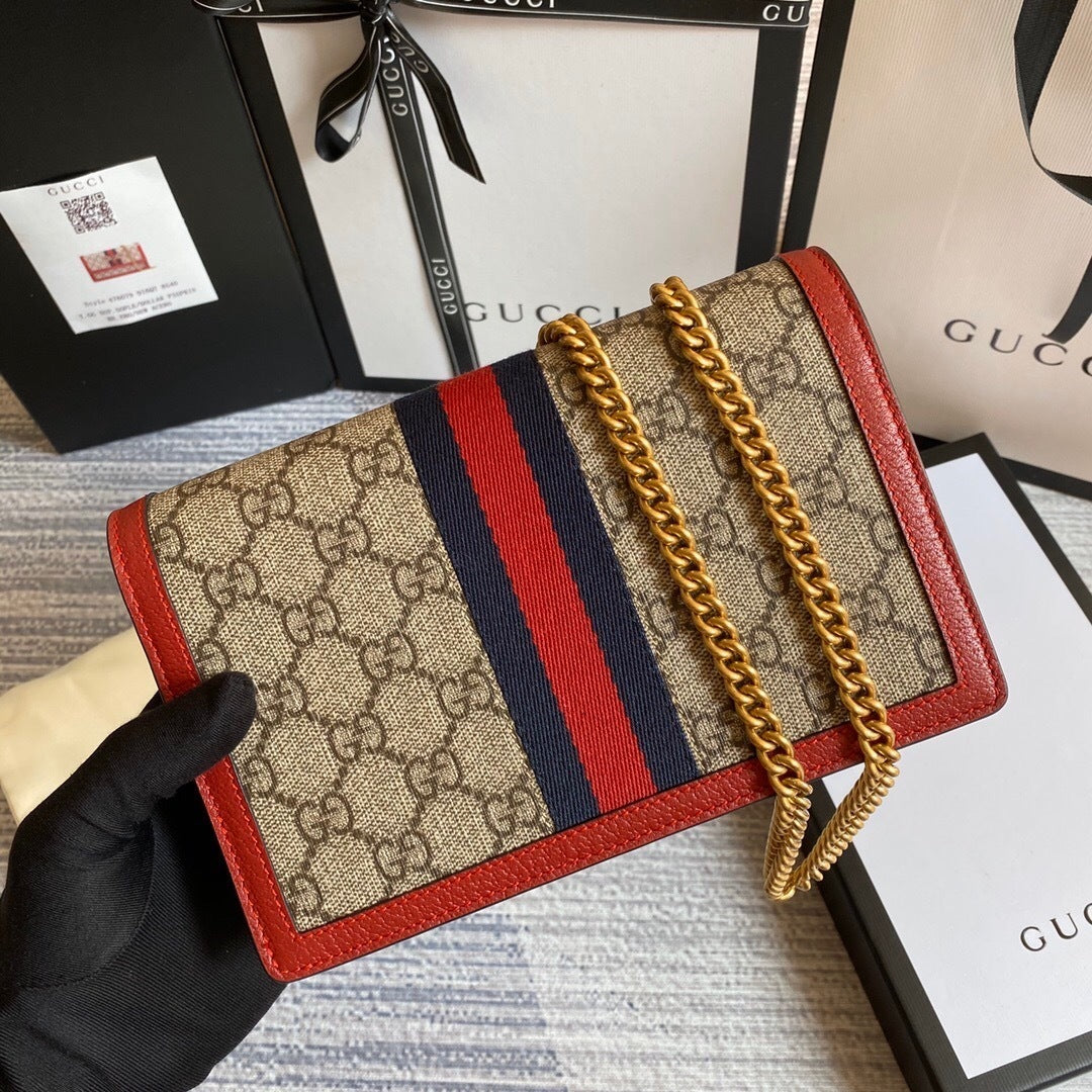 Bolsa Carteira com Corrente Gucci – GG Bee (bege com vermelho)